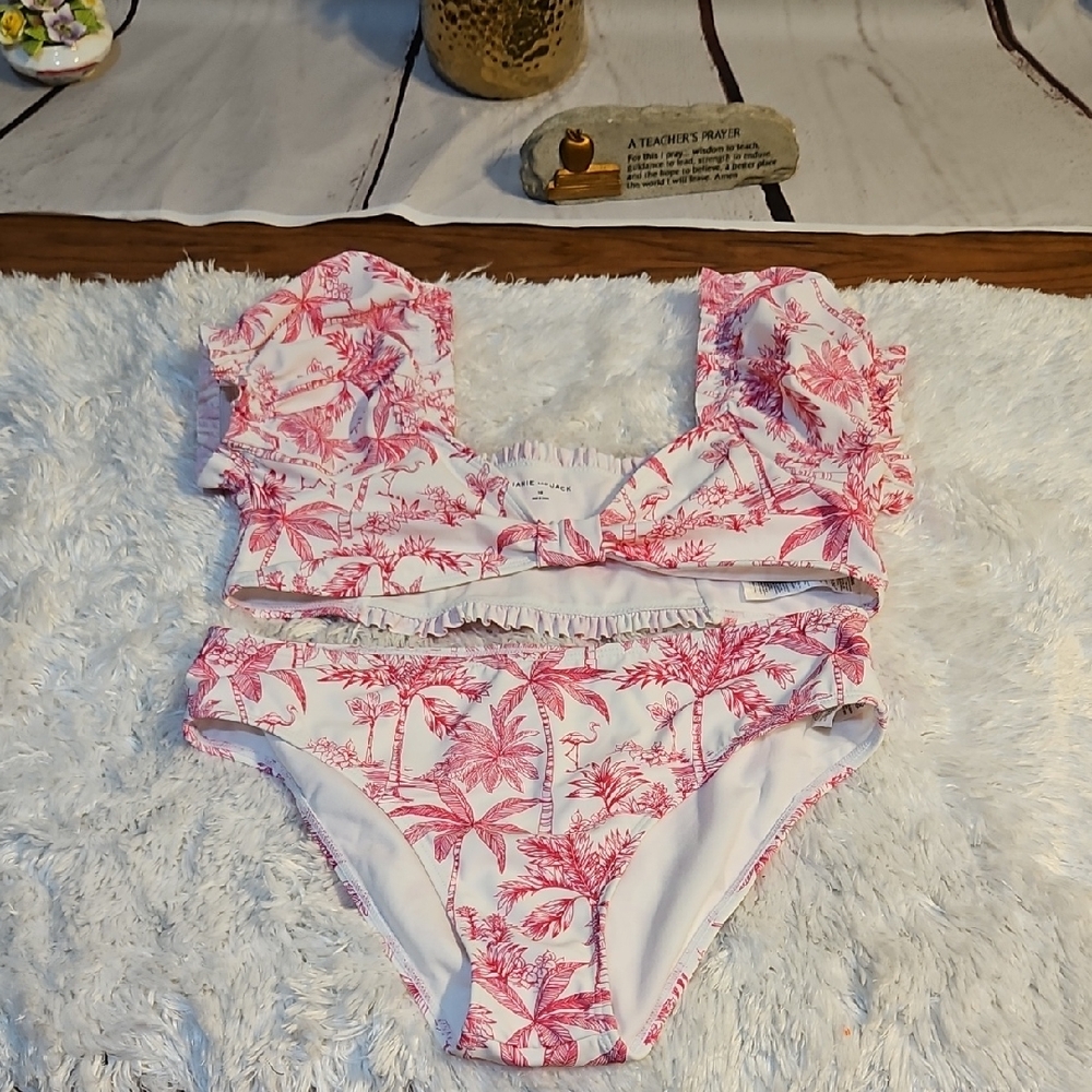 Janie and Jack Girls‎ Swimsuit Size 18 White Pink Tropical Ruffle Two Piece